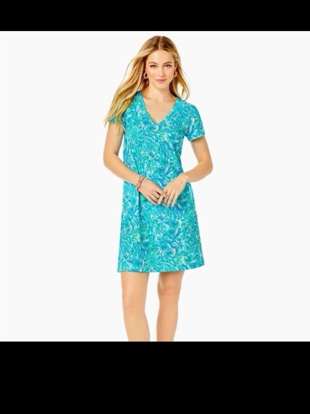 V-Neck Short Sleeve Mini Dress in Aqua Print